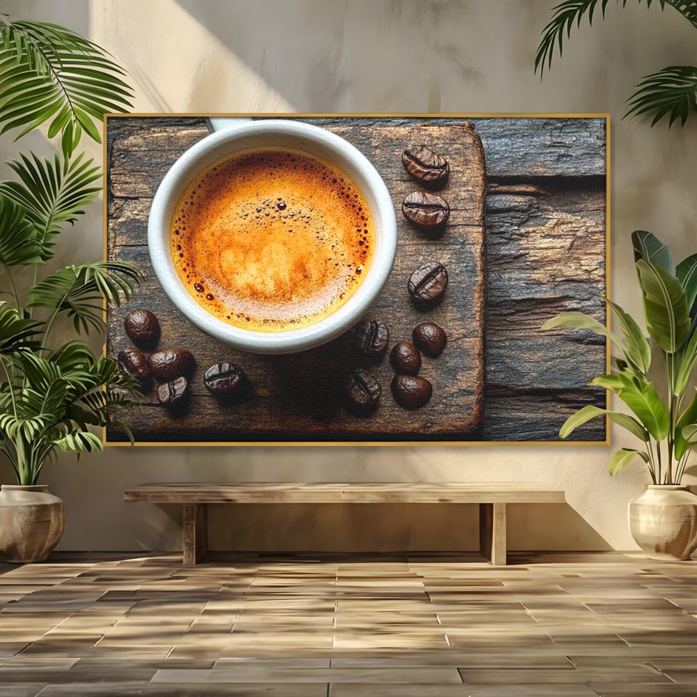 Tablou canvas cu ceasca de espresso si boabe de cafea, in rama de aluminiu auriu
